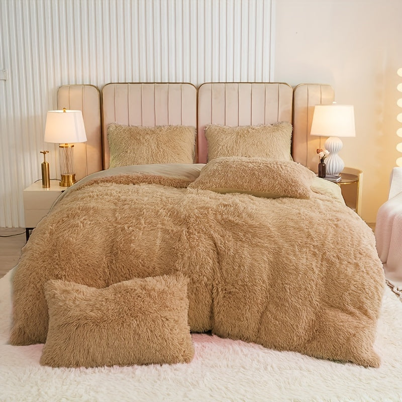 Plush Duvet Cover Set 3 Piece, Long Hair Knitted Polyester, Solid Color Fuzzy Comforter Cover with Zipper Closure, All-Season Soft Cozy Bedding Set for Bedroom, Multiple Colors Available