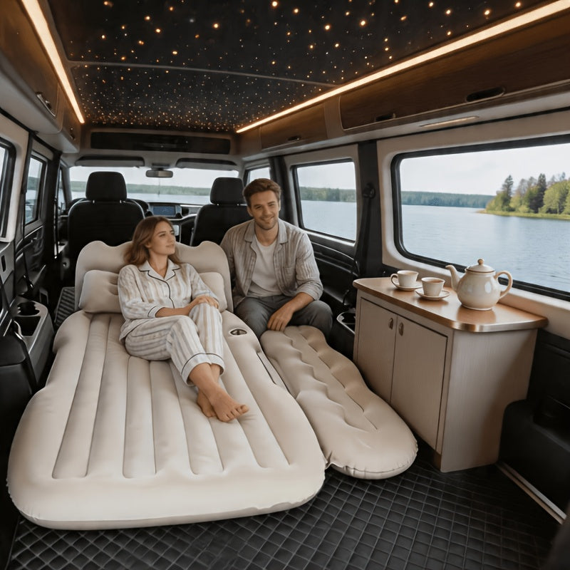 SUV Sedan Car Inflatable Bed, Soft Flocked Back Seat Air Mattress, Foldable & Portable Sleeping Mat for Camping, Road Trips, and Picnics – Includes Air Pump & Storage Bag, Black Grey Beige Pink