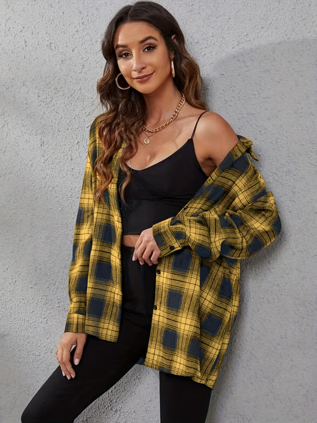 Women's Casual Plaid Gingham Button-Down Shirt, Lapel Long Sleeve Split Cuff Loose Blouse Top XS-XXL
