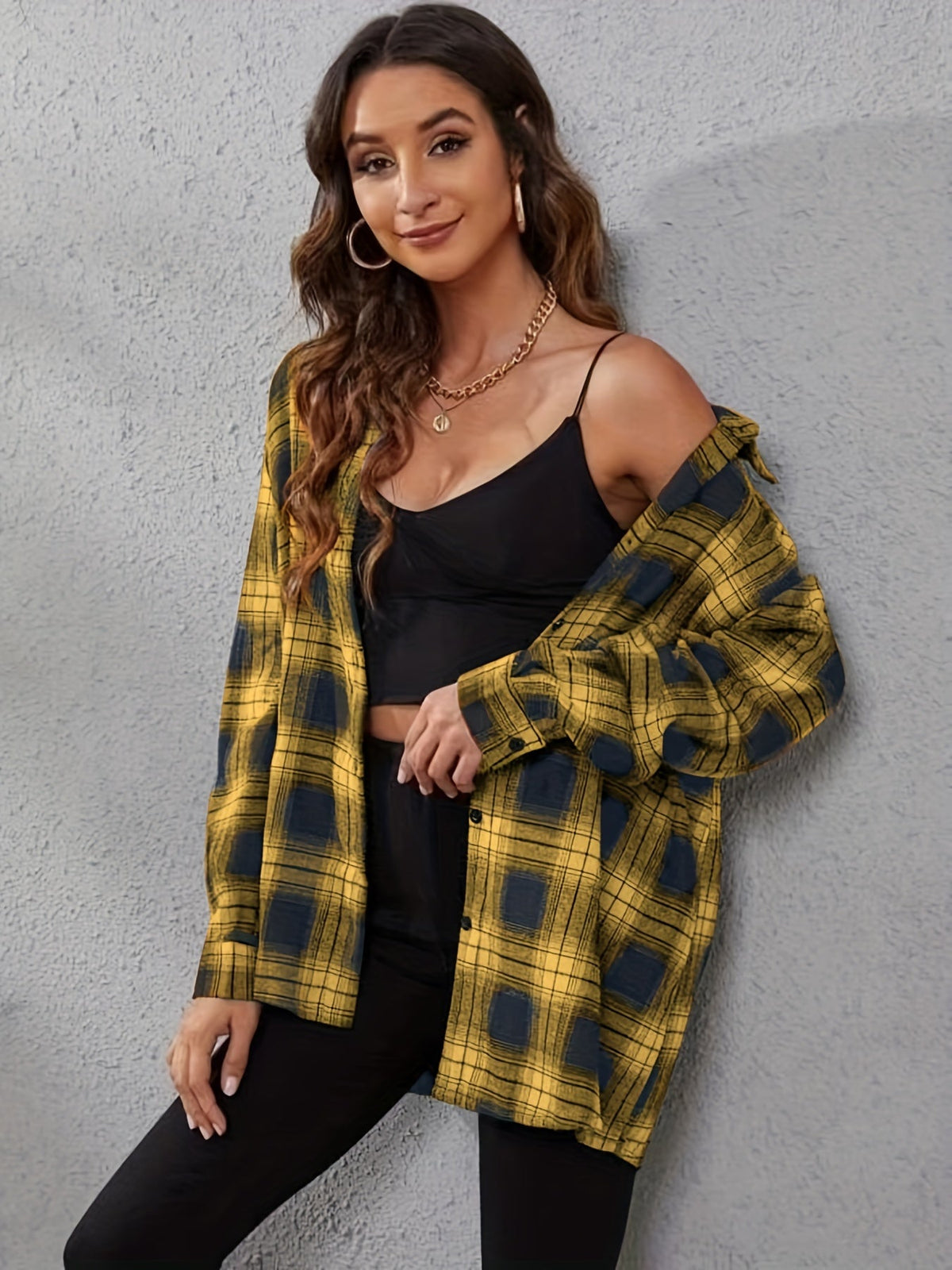 Women's Casual Plaid Gingham Button-Down Shirt, Lapel Long Sleeve Split Cuff Loose Blouse Top XS-XXL