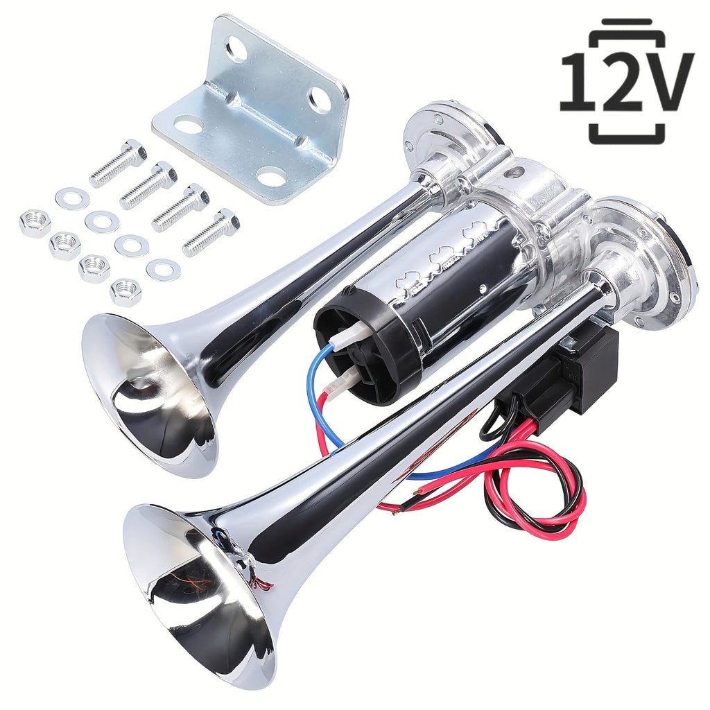 130dB Super Loud Dual-Tone Air Horn 12V/24V – Aluminum Alloy with Compressor, Quick Install for Trucks, SUVs, Motorcycles, Boats & Off-Road Vehicles
