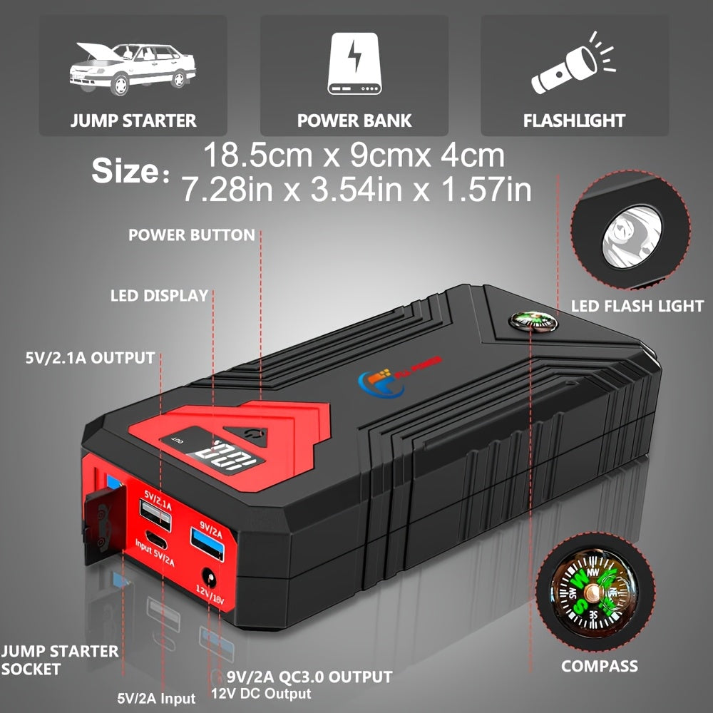 便携式汽车应急启动电源 1600A–3000A 12V 电池启动器 – 适用于汽油和柴油发动机的紧凑型应急启动电源，配备 USB 充电端口及 LED 手电筒