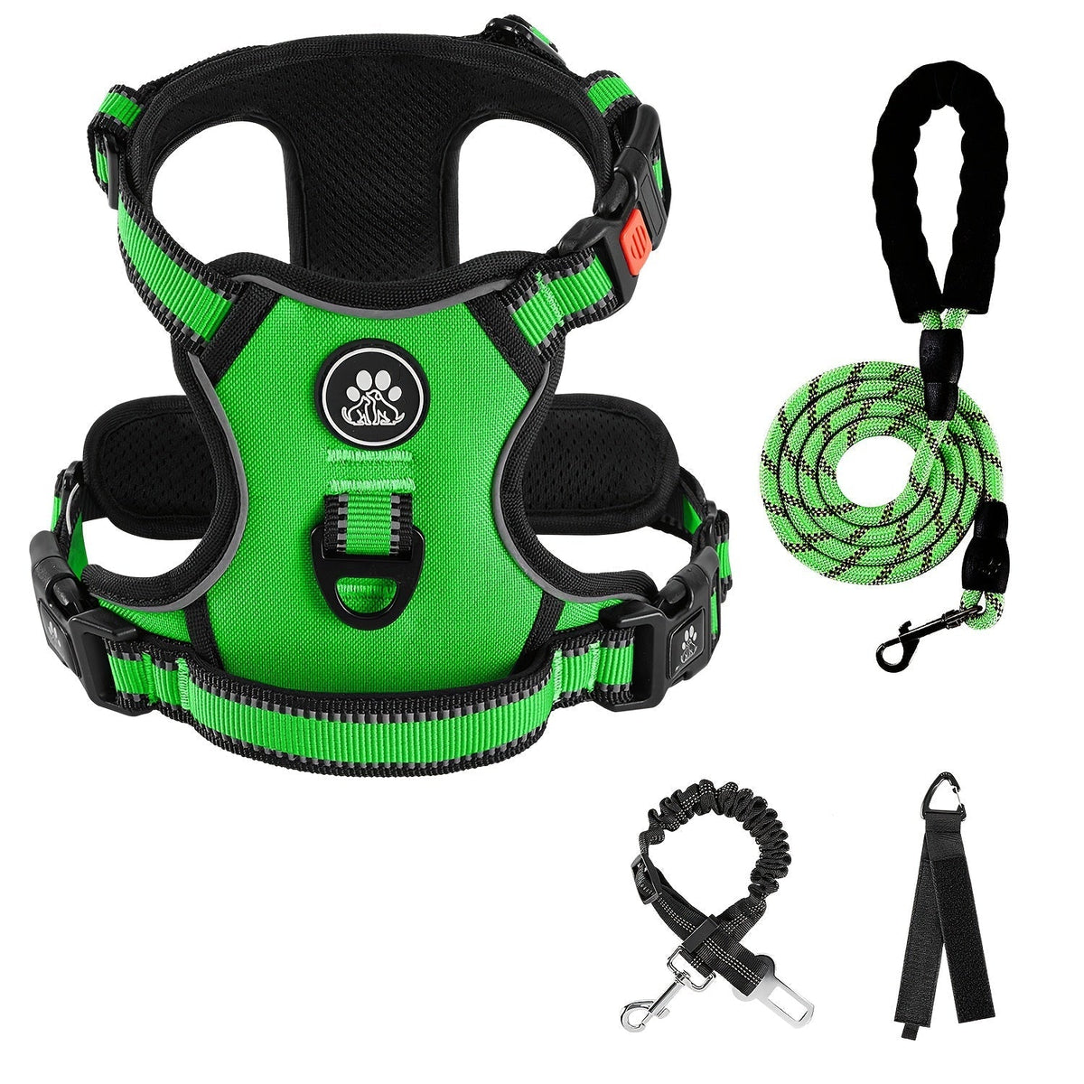 No-Pull Dog Harness Set with Retractable Leash, Seatbelt, and Collar – Fully Reflective, Adjustable, Breathable Vest Harness with Handle for Small & Large Dogs (XS–XL)