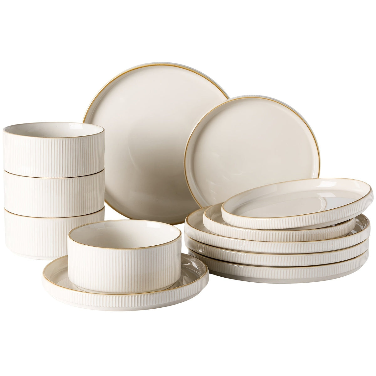 12-Piece Stoneware Dinnerware Set for 4 – Reactive Glaze Raised Stripe 10" Dinner Plates 8" Salad Plates & 5.5" Cereal Bowls Microwave & Dishwasher Safe in Cappuccino & Vanilla White