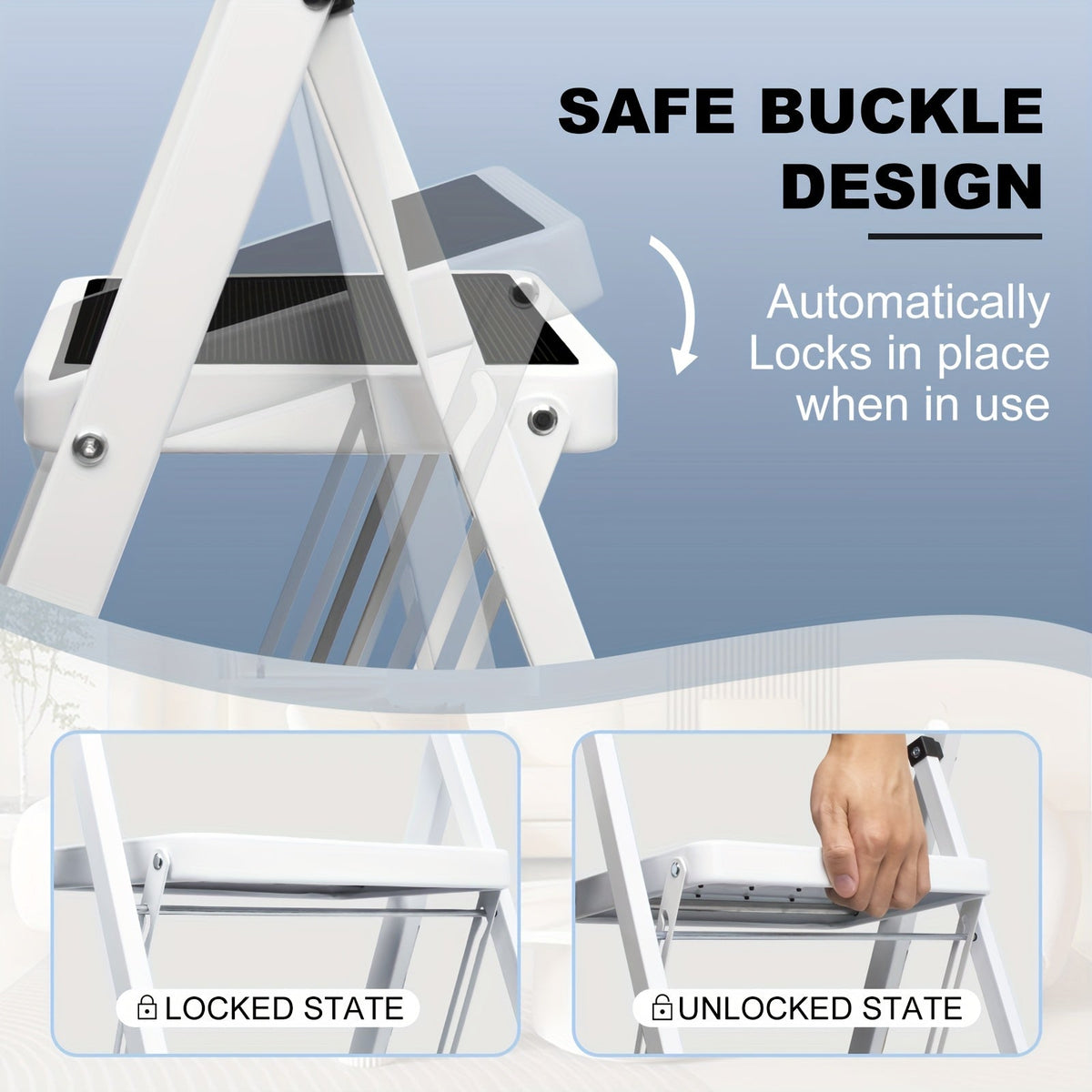 3-Step Folding Step Stool Ladder – 500 LB Capacity Wide Anti-Slip Pedal Handgrip Lightweight Portable Steel for Home Kitchen & Workshop in White & Black