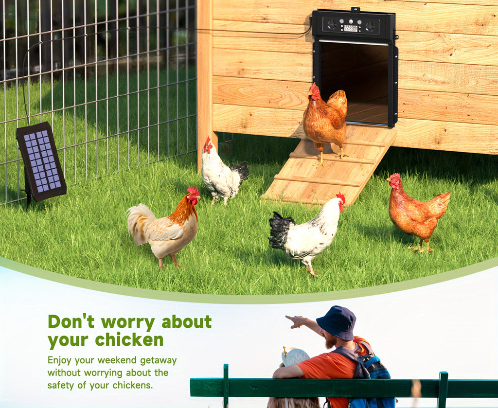 Automatic Chicken Coop Door, Solar Powered with Timer & Light Sensor – Aluminum Alloy Anti-Pinch Design, featuring a 4000mAh Battery, Solar Panel, and Remote Control for Poultry Management