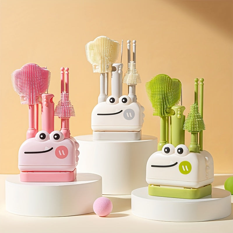 8-in-1 Silicone Baby Bottle Brush Cleaning Set with Portable Case, Drying Rack, Straw Brush & Nipple Brush, All-in-One Feeding Accessory for Home & Outdoor Use, 3 Colors Including Beige Green & Pink