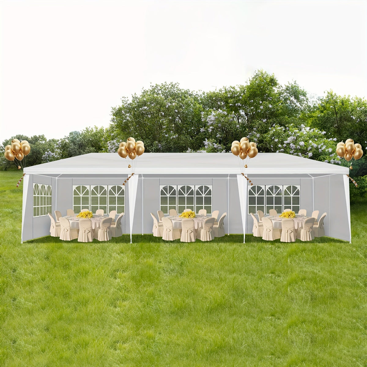 10x30 Ft Outdoor Party Tent Canopy, 8 Removable Sidewalls with Windows, Waterproof PE Cloth & Iron Frame, for Wedding, Party, Patio, Parking & Gazebo, White/Blue/Black, Accessories Included
