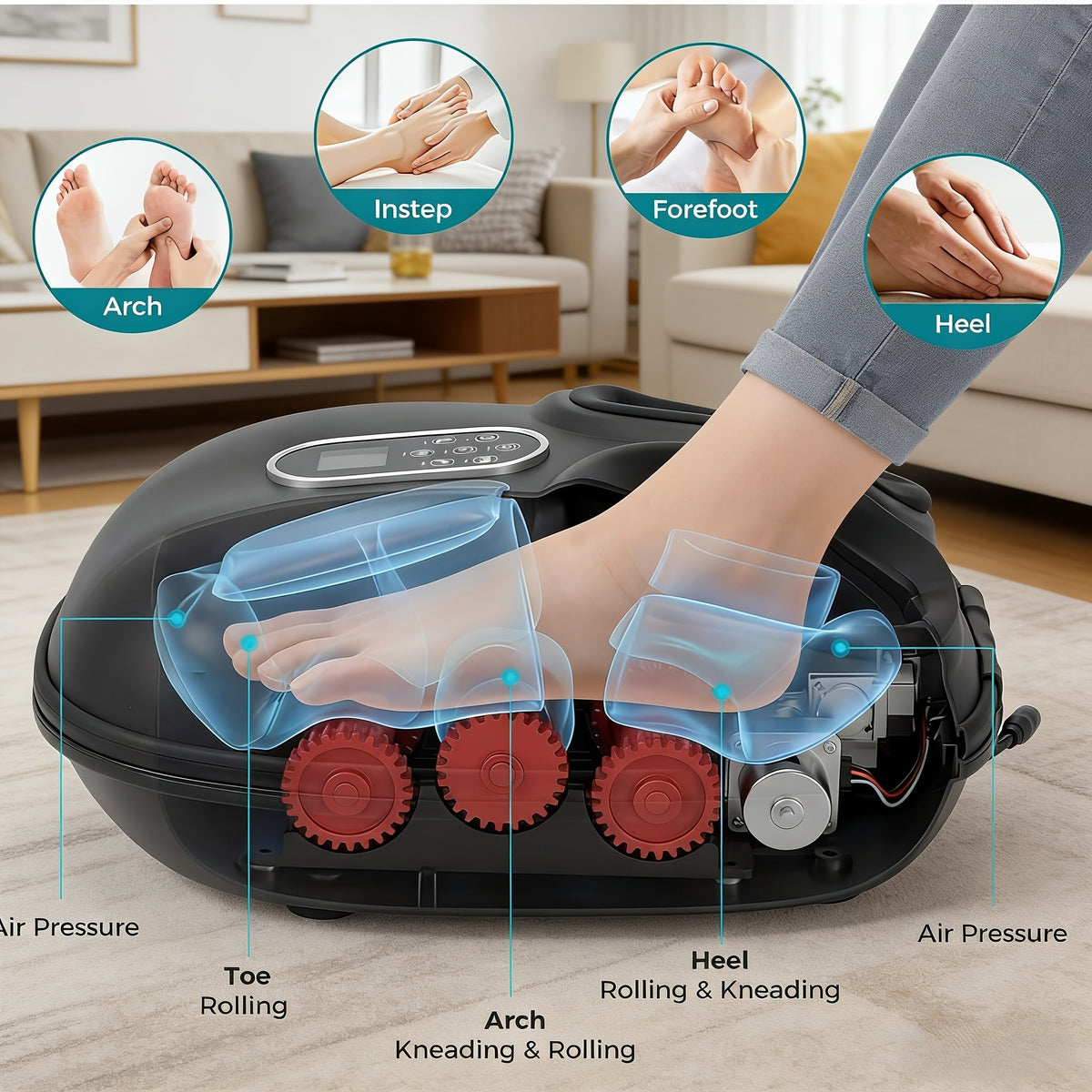 Shiatsu Foot Massager Machine with Heat Deep Kneading & Air Compression 6 Modes – Gift for Men & Women – Black