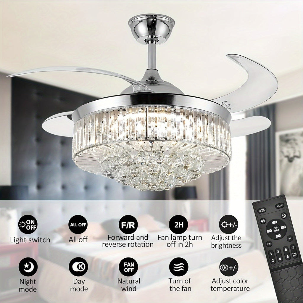Modern Invisible Ceiling Fan with LED Light, Crystal Design, 3-Color Lighting (Warm/Neutral/White), 6-Speed Remote Control, Reversible Motor, for Bedroom Living Room Dining Room