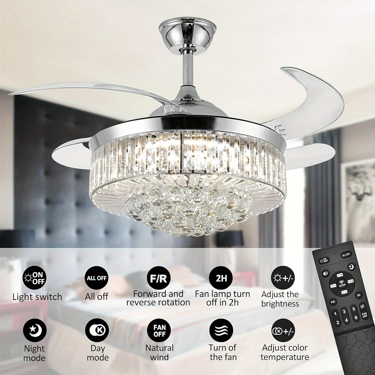 Modern Invisible Ceiling Fan with LED Light, Crystal Design, 3-Color Lighting (Warm/Neutral/White), 6-Speed Remote Control, Reversible Motor, for Bedroom Living Room Dining Room