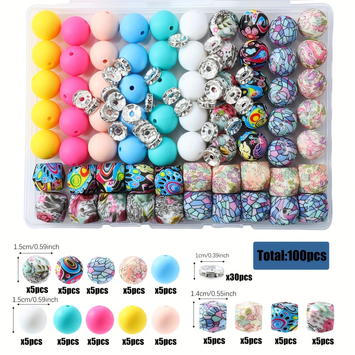 100pcs Silicone Beads Set with Storage Box, Hexagonal Striped Printed Pattern Beads for DIY Jewelry Making, Bead Pens, Keychain Pendants, Craft Supplies for Girls, Kids, Teens, and Adults