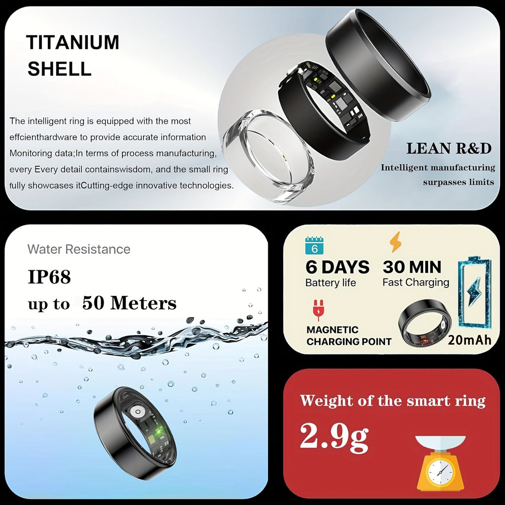 Smart Ring Sleep Tracker, Heart Rate Monitor, Fitness Wearable, Titanium Alloy Body, Bluetooth 5.3, Step Counter, Pedometer, Distance Tracking, Magnetic Charging, Compatible with iPhone & Android – Black, Rose Gold, Silver