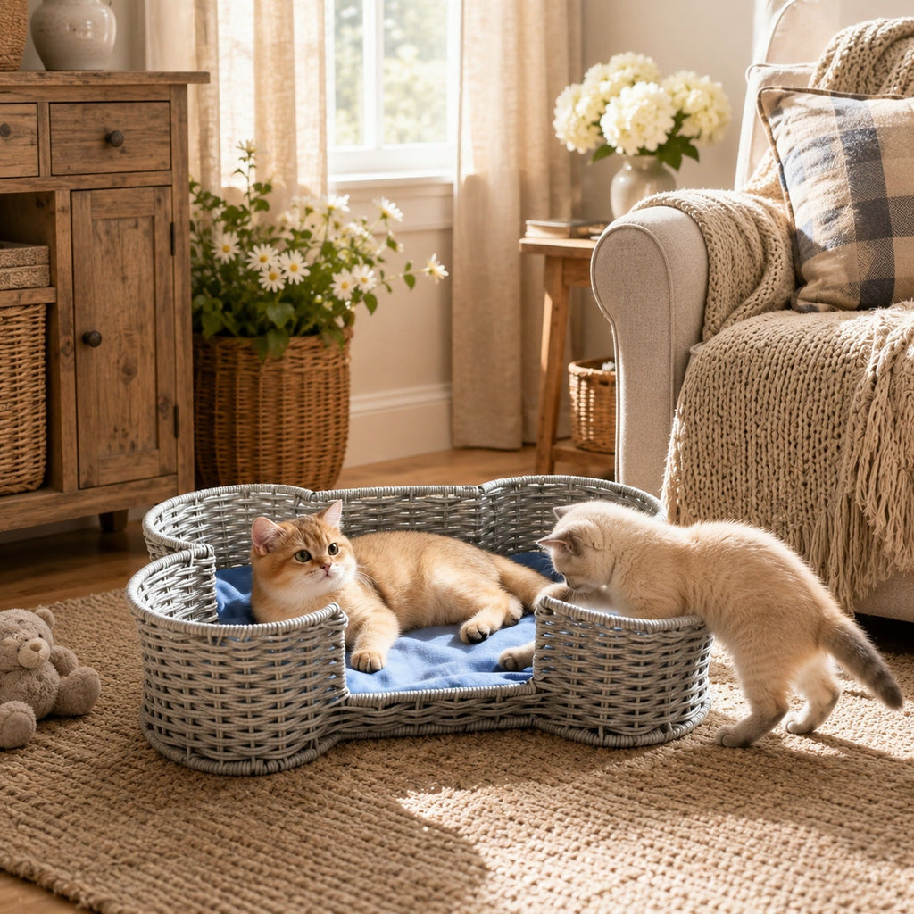 Bone Shaped Dog Toy Storage Basket – Hand-Woven Faux Rattan Pet Toy Organizer Bin for Cat & Dog Toys, Leashes & Accessories, Farmhouse Home Decor Style