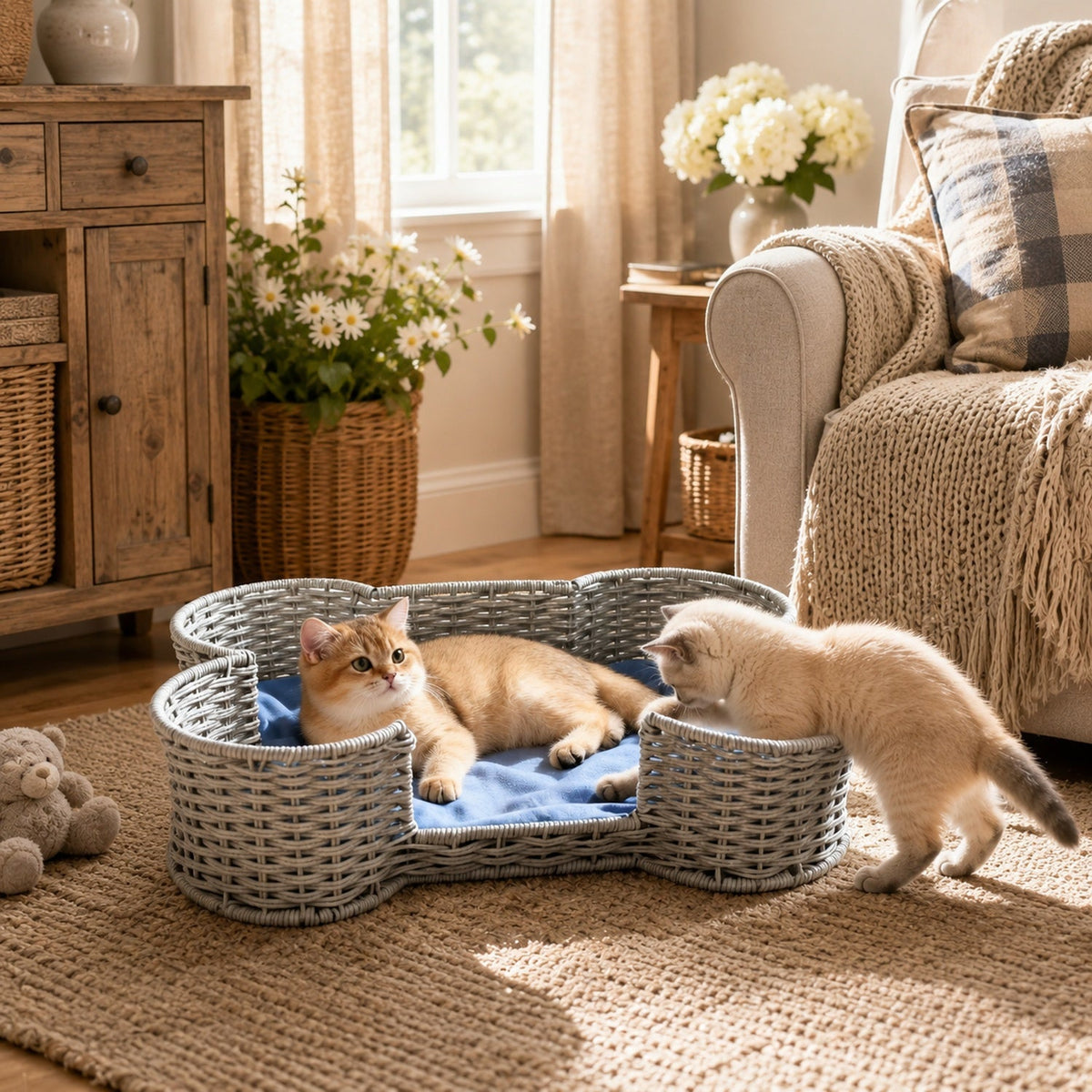 Bone Shaped Dog Toy Storage Basket – Hand-Woven Faux Rattan Pet Toy Organizer Bin for Cat & Dog Toys, Leashes & Accessories, Farmhouse Home Decor Style