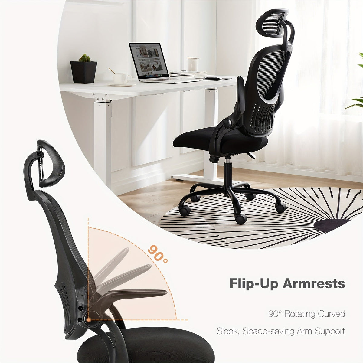 Ergonomic Mesh Office Chair High Back – Adjustable Headrest Lumbar Support Flip-Up Arms 144° Tilt Swivel Computer Chair for Home Office Gaming Study