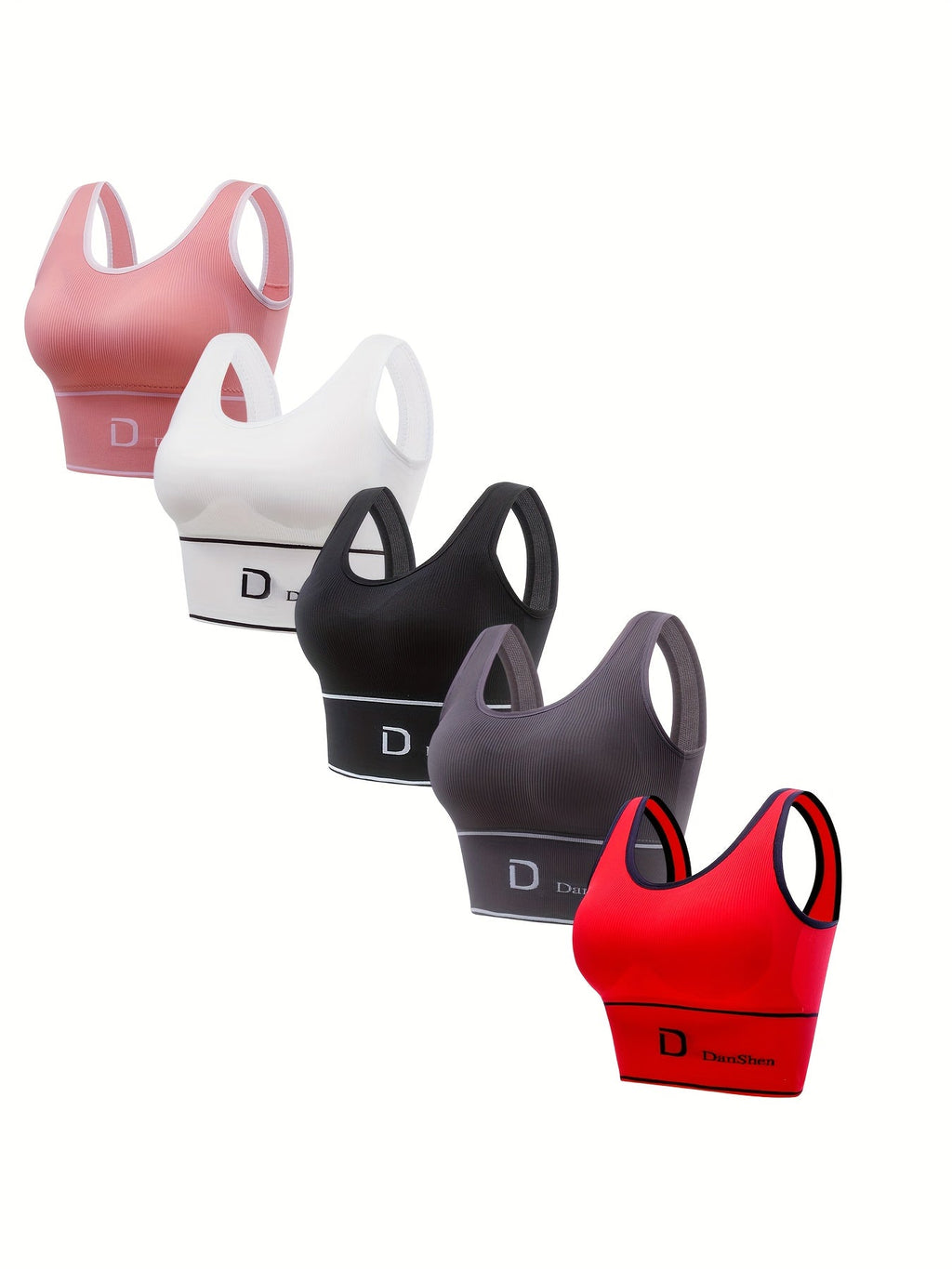 5pcs Wireless Sports Bra Set – Full Coverage High Elasticity Nylon Bra for Yoga, Running, and Gym, Breathable and Machine Washable, Mixed Colors, DANSHEER Print, Women's Activewear Bra Pack