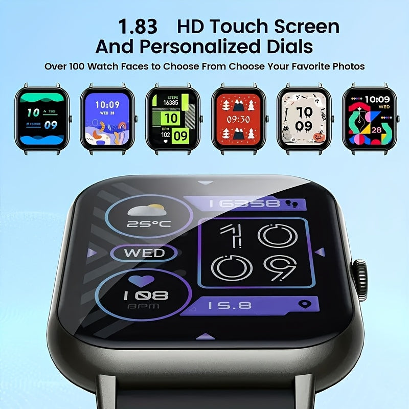 Smartwatch 1.83-inch HD Screen, Bluetooth Call, Music Playback, Sleep Monitor, Calorie & Step Fitness Tracker, Sports Watch, 3 Colors, Gift