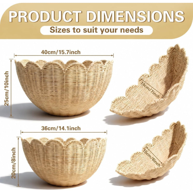 2-Piece Scalloped Hanging Wicker Wall Basket Set Hand Woven Rattan Wall Storage & Decor 16×12×7 & 14×8×6 In – Home Bathroom Kitchen & Living Room