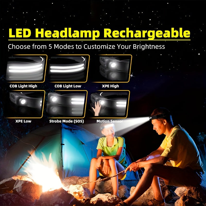 3-Pack Rechargeable 230° Wide Beam COB LED Headlamp with Motion Sensor, 5 Modes, and 6 Hooks – Bright Headband Flashlight for Camping, Hiking, Work, and Hard Hats (Single/Dual/Triple Strip)