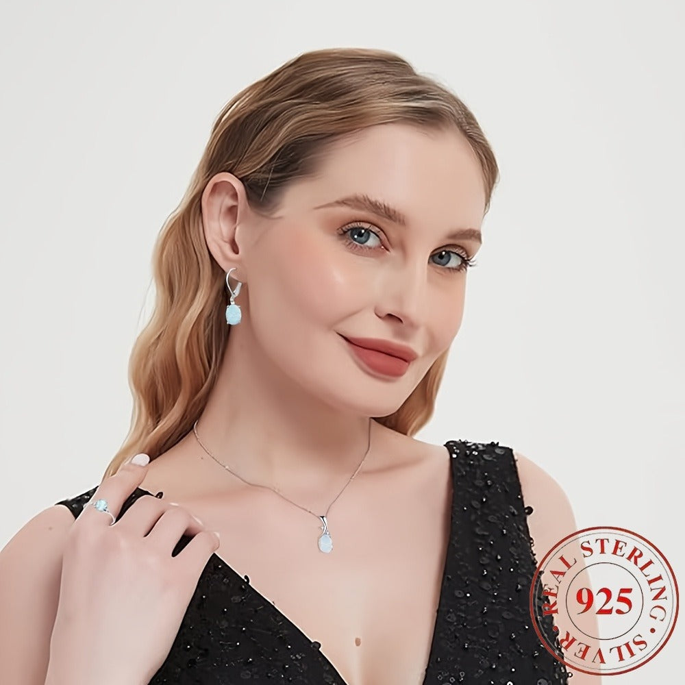 925 Sterling Silver Water Drop Opal Jewelry Set for Women – 4-Piece Necklace, Earrings, and Ring Set, Elegant Opal Pendant Fashion Jewelry Gift for Party, Daily Wear, Birthday, and Anniversary