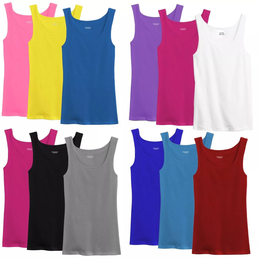 Women's 100% Cotton Ribbed Tank Top Tagless Sleeveless Undershirt Round Neck Multipack 3, 6, 9, 12 Pcs Random Colors S-XXL