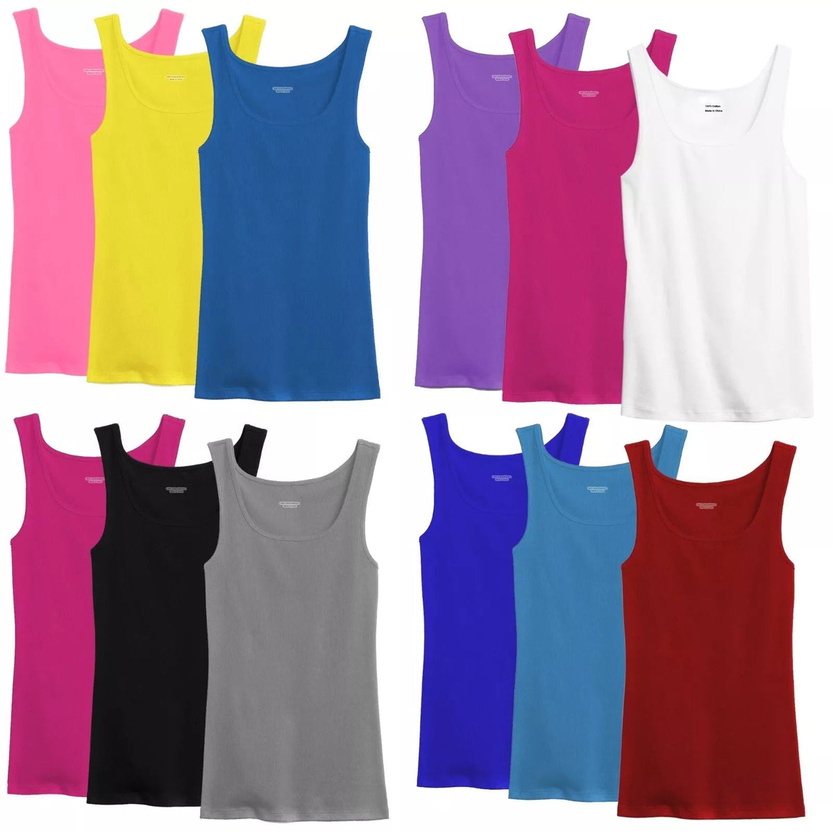 Women's 100% Cotton Ribbed Tank Top Tagless Sleeveless Undershirt Round Neck Multipack 3, 6, 9, 12 Pcs Random Colors S-XXL