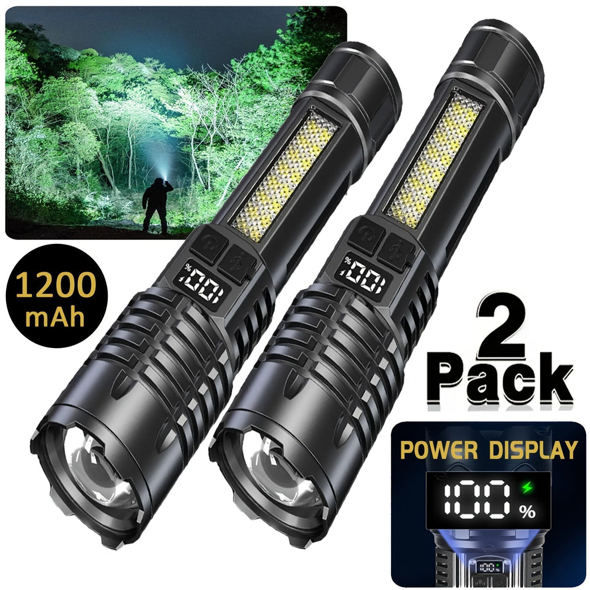 Rechargeable Tactical Flashlight 2-Pack, USB COB LED – Ultra Bright, 5 Modes, Zoomable, 200-500M Beam, LCD Display, for Camping, Fishing, Hunting, Cycling, and Emergencies