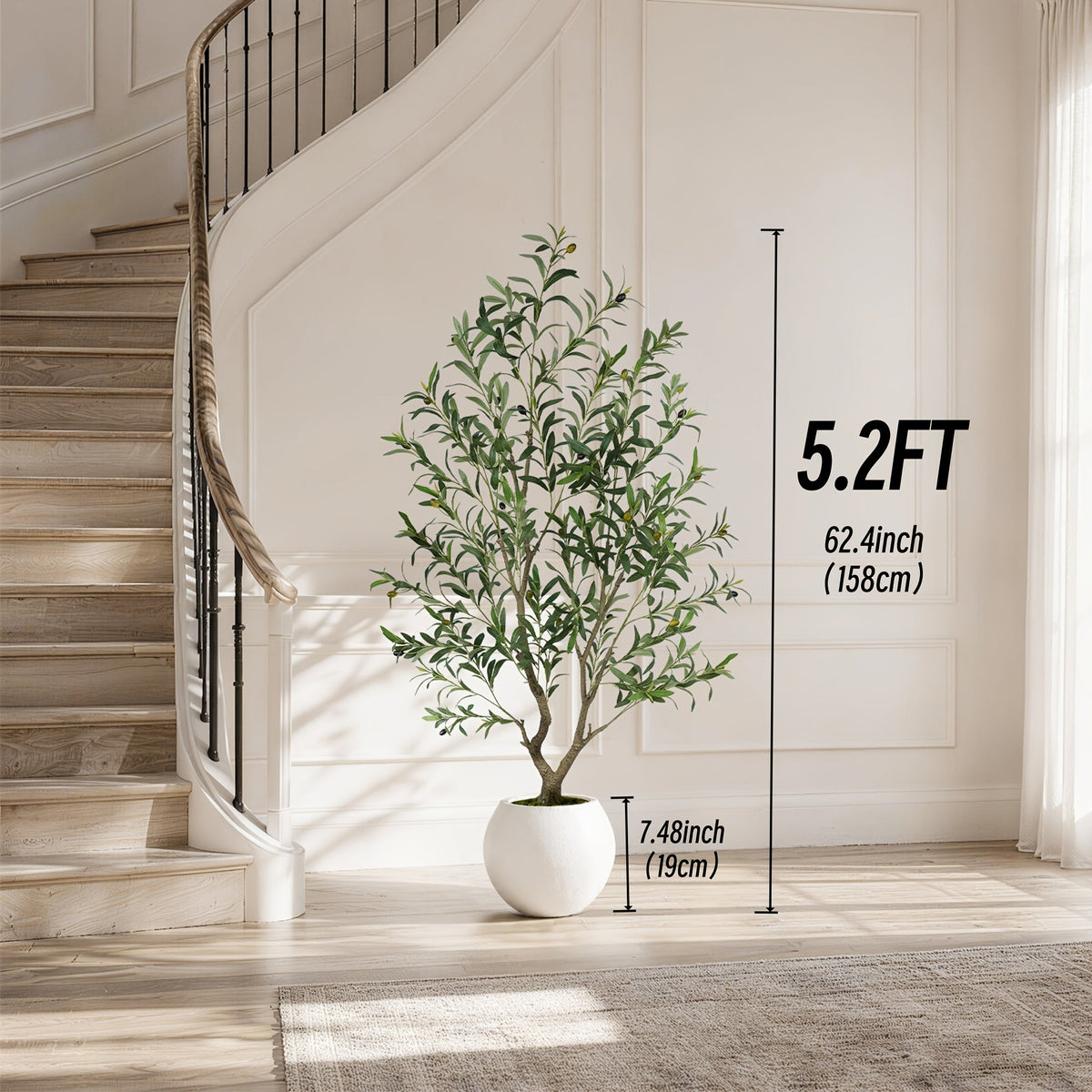 Artificial Olive Tree 5-8FT Tall Potted Faux Olive Floor Plant with Lifelike Leaves & Black Fruits, Decorative Fake Indoor Tree with White or Black Round Planter for Living Room Office Home Decor