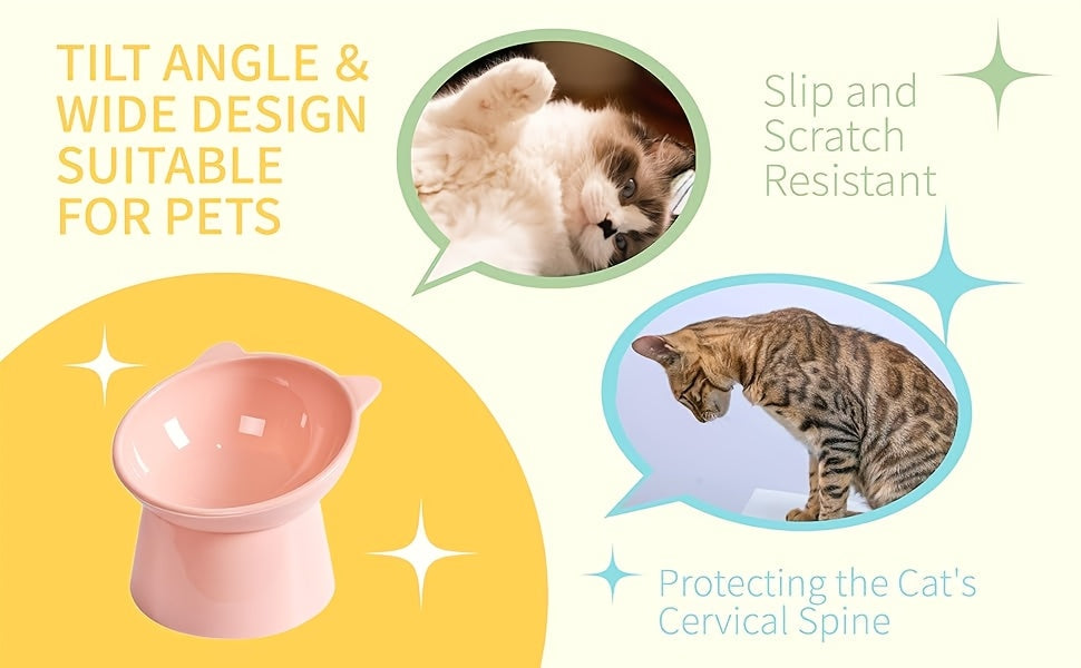Raised Cat Bowls Set of 3, Cat-Ear Shaped Elevated Feeder, Anti-Slip Base, Neck Comfort Design, Tri-Color Pet Feeding Dish (Pink, Green, Blue) for Multi-Cat Households