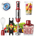 5-in-1 Handheld Immersion Blender - Whisk, Measuring Cups & Meat Chopper Attachments, Heavy-Duty Motor - Kitchen Essential - Red & Black