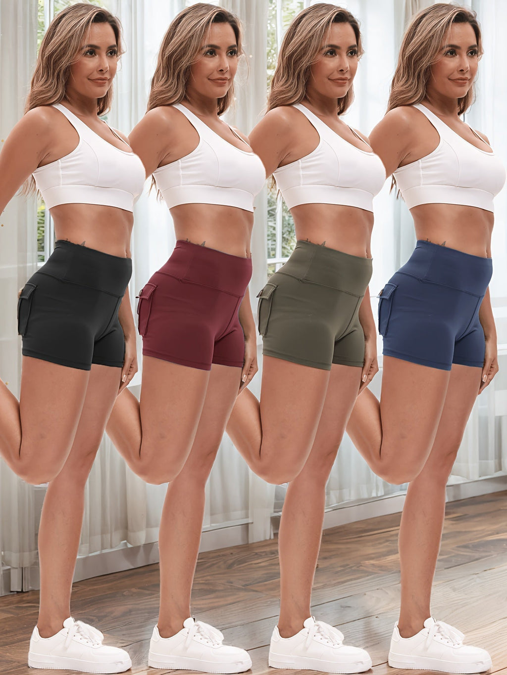 4-Piece Women's High-Stretch Yoga Shorts Set – Hip-Lifting Quick-Dry Fitness Shorts with Elastic Waist & 2 Pockets, Solid Color Athletic Shorts for Gym, Running, and Pilates, S-XXL