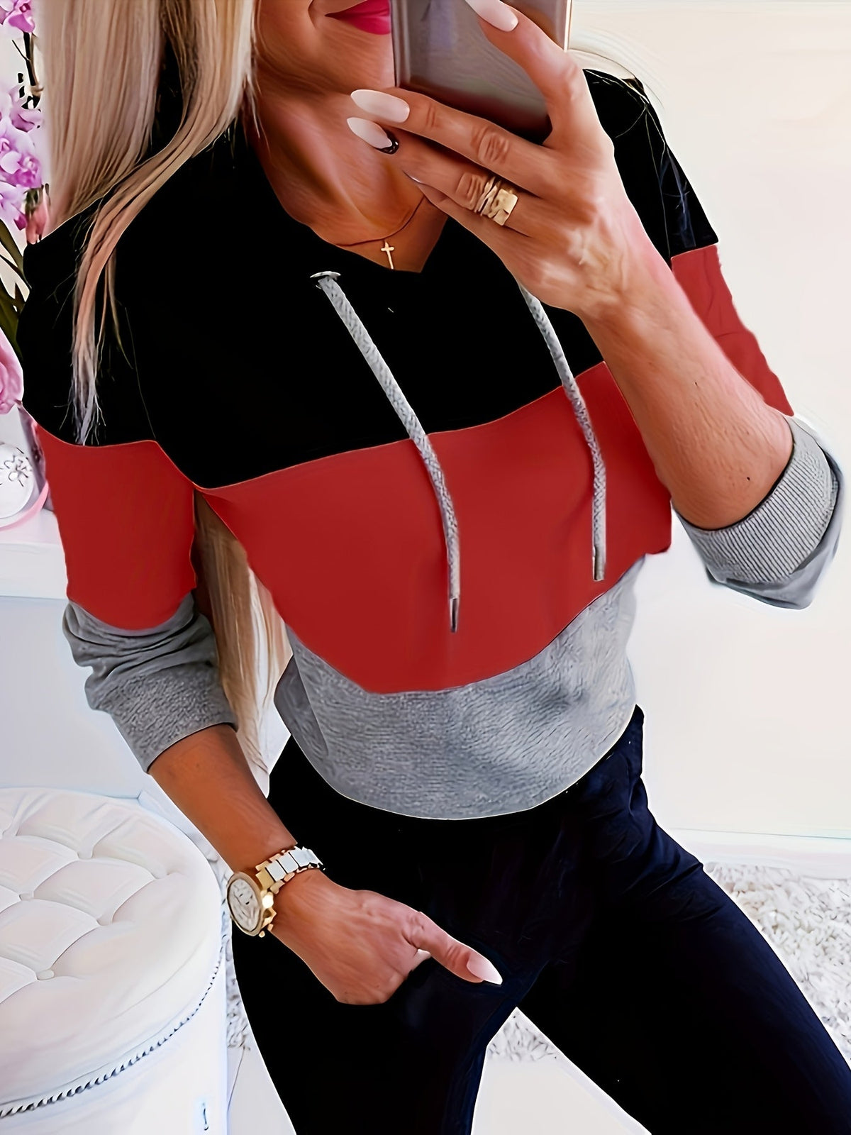 Women's Color Block Drawstring Hoodie Casual Long Sleeve Patchwork Pullover Sweatshirt Streetwear S-XXL Multiple Colors