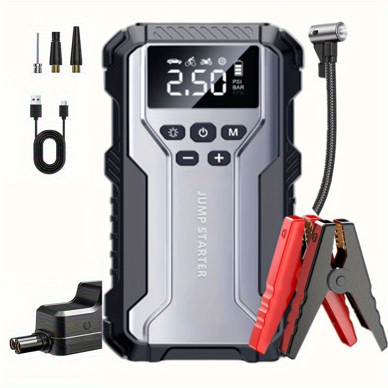 Portable Car Jump Starter Kit Multi-Function 12V Battery Booster with LED Flashlight, SOS Rescue Light, and Air Pump for Cars, Trucks, and Emergency Power Accessories