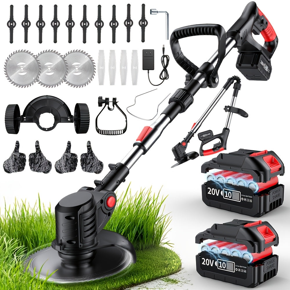 Portable Cordless Electric Lawn Mower - 3-in-1 Trimmer, Edger & Shrub Cutter - Adjustable Height, Rotating Head, 3 Blades, 2 Lithium Batteries - Lightweight Yard Tool for Garden & Patio - Black, Red, Blue & Green - Father's Day Gift