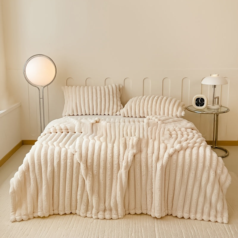 Solid Color Thick Wide-Striped Plush Blanket - Multifunctional Bed Cover, Nap & Pet Blanket - Quick-Warming Autumn & Winter - 4 Sizes - Blue Grey, Pink, Grey, Off White, Olive, Fruit Green & Coffee