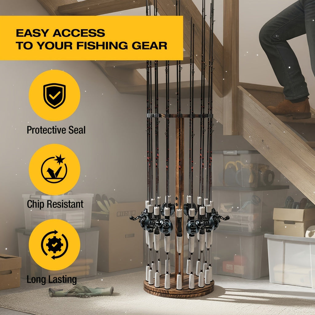 Circular Wooden Fishing Rod Rack Holds 16 Rods, Space-Saving Fishing Pole Organizer for Garage, Shed, Man Cave – 360° Rotating & Fixed Options, Sturdy Wood Construction, Fisherman Gift