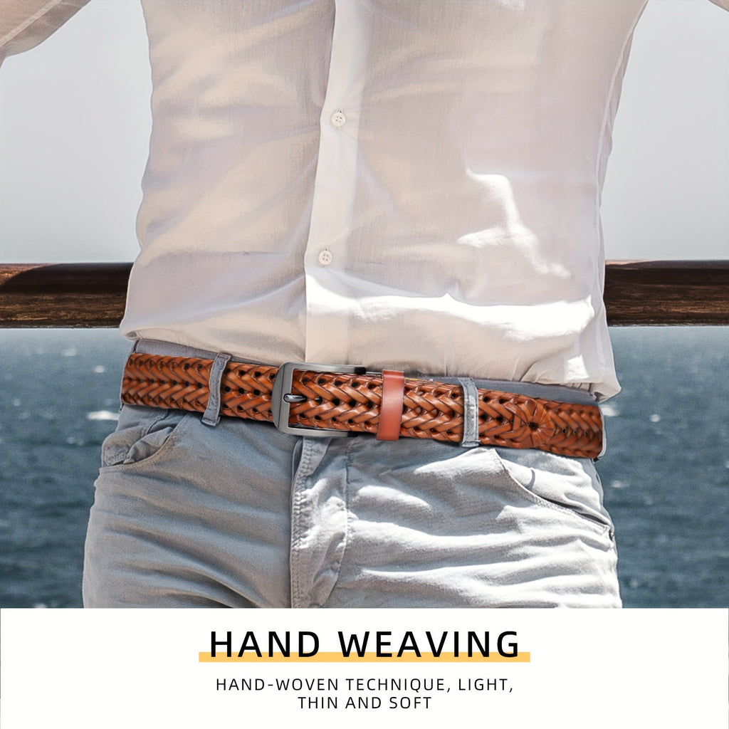 Men's Leather Braided Belt – Woven Hollow Design with Gold Zinc Alloy Buckle, Casual Dress Belt for Golf Pants, Jeans, and Everyday Wear, Sizes 34" to 50", Great Gift for Dad