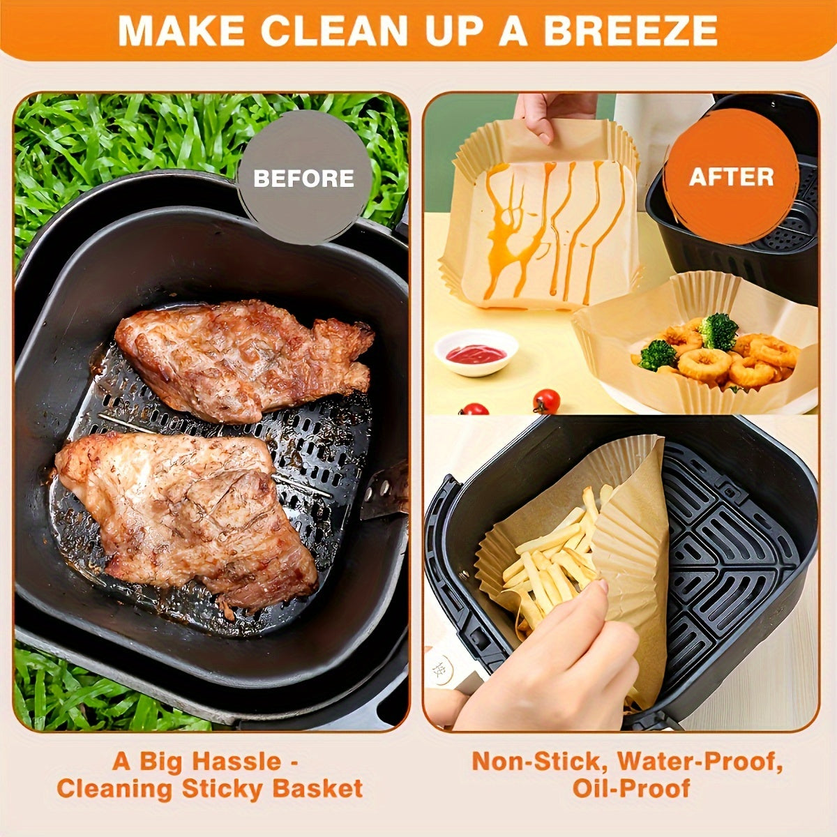 Air Fryer Disposable Paper Liners - Square, Fits 2–8QT, Oil-Proof & Non-Stick Parchment for Frying, Baking, Cooking, Grilling & Microwave - 55, 110 & 220-Piece Packs