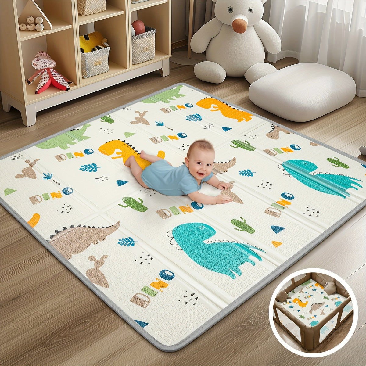Foldable Safety Foam Baby Play Mat, 50 × 50 × 0.4 Inch Thick Reversible Double-Sided Portable Playpen Floor Mat, Soft Cushioned Baby Activity Mat for Infants & Toddlers, Seahorse & Stars