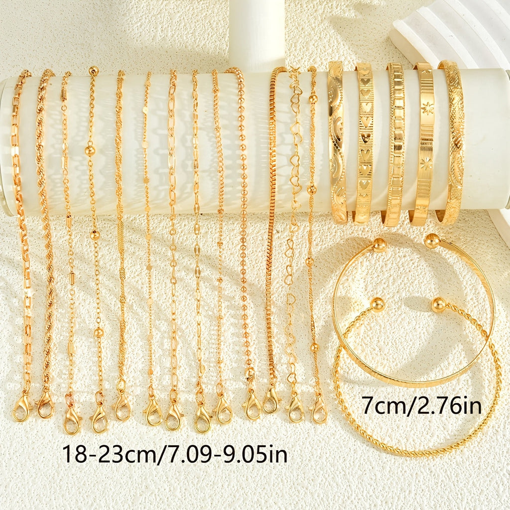 Women's KC Gold-Plated Bracelet Set: 7 or 20pcs Randomly Assorted Stackable Elegant Charm Bracelets for Daily Wear & Gifting