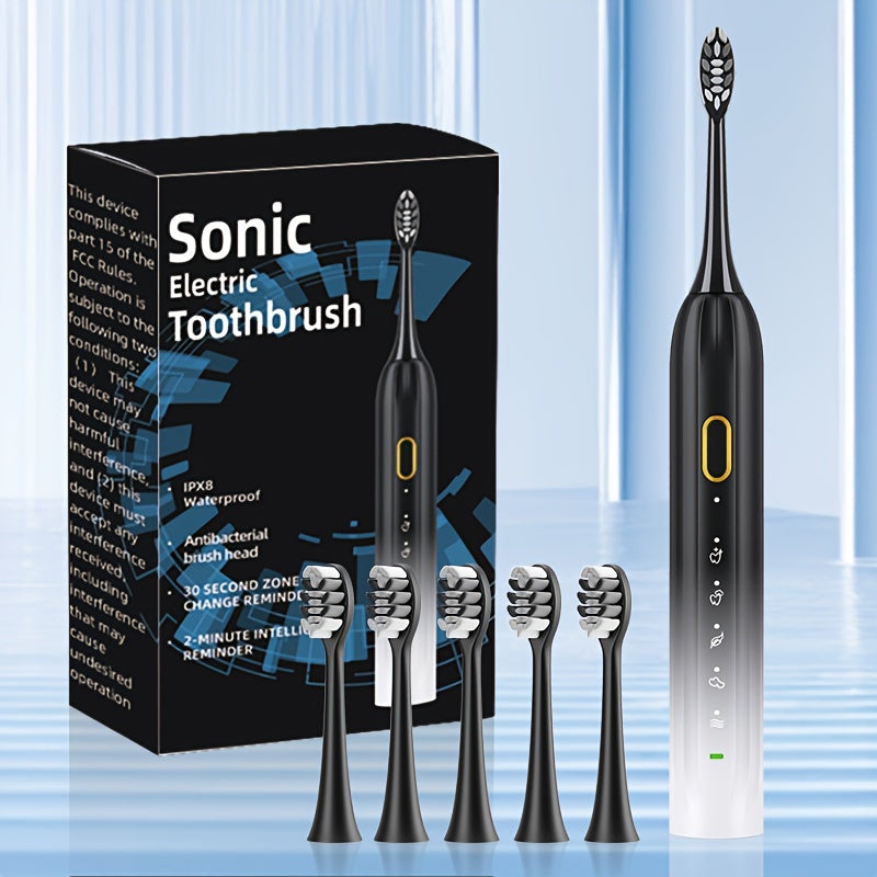 Sonic Electric Toothbrush IPX8 Waterproof USB Rechargeable with 5 Replacement Brush Heads, Smart Timer, Metal Shaft, for Adults, Men, Women, Couple Style, Rechargeable Oral Care