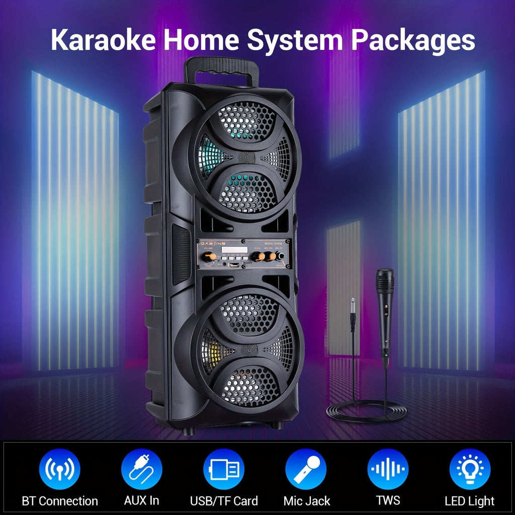 3000W Portable Bluetooth Party Speaker – Dual 6.5'' Subwoofer Stereo Sound, Colorful LED Lights, FM Radio, Microphone Included, TF/USB/AUX Support, Outdoor & Home Party Speaker – Black