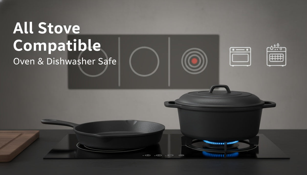 Cast Iron Cookware 6-Piece Non-Stick Set: Skillet, Dutch Oven, and Grill Pan Kit for Induction, Gas, Campfire, BBQ, Outdoor Cooking, and Kitchen