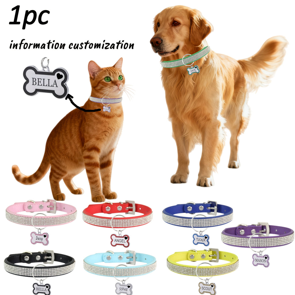 Personalized Pet Collar with Rhinestone Decoration & Free Engraved ID Tag – Adjustable Anti-Lost Cat & Dog Collar – Japanese Style Bling Collar for Small to Medium Dogs & Cats, Available in Multiple Colors & Sizes