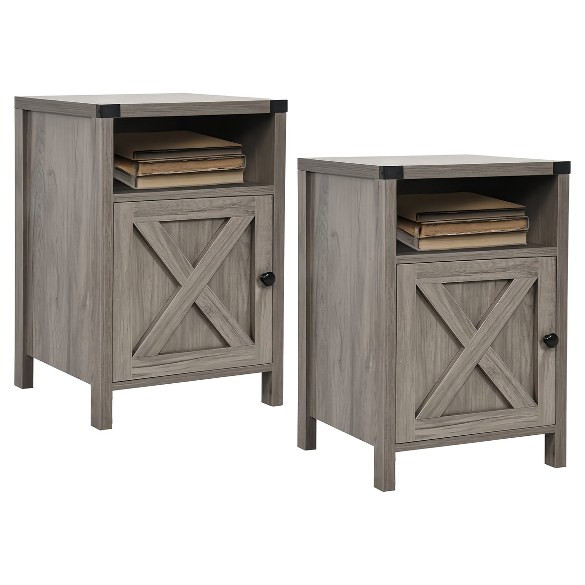 Farmhouse Nightstand with Barn Door and Shelf 23.7x15.8 Inch Rustic Modern Bedside End Table Narrow Entryway Table for Bedroom Living Room Navy Blue Grey White Oak Black 1 or 2 Pack