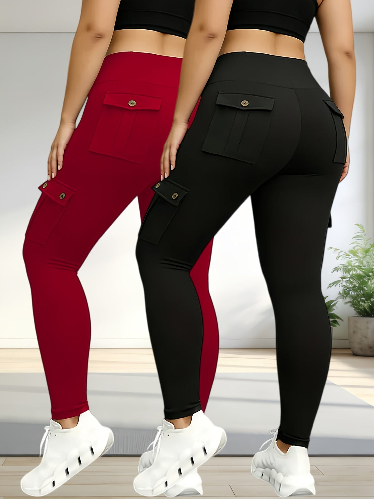 Women's High-Waist Yoga Leggings with Pockets 5-Pack, Elastic Stretchy Running Sports Leggings S-XXL, Solid Colors (Black, Navy Blue, Gray, Pink, Red), Flap Pocket Button Design Activewear Set