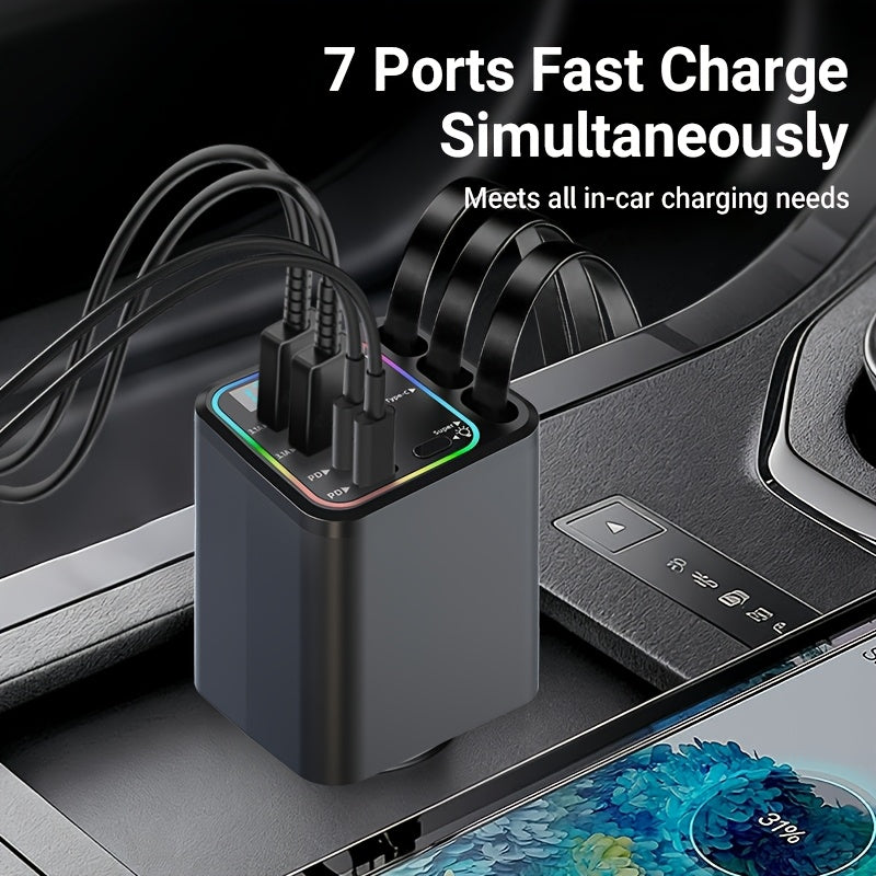 7-in-1 Car Charger with LED Ambient Light & 3 Retractable Cables – Fast Charging USB Hub, 180° Adjustable, Digital Display, Universal Fit for iPhone & Android