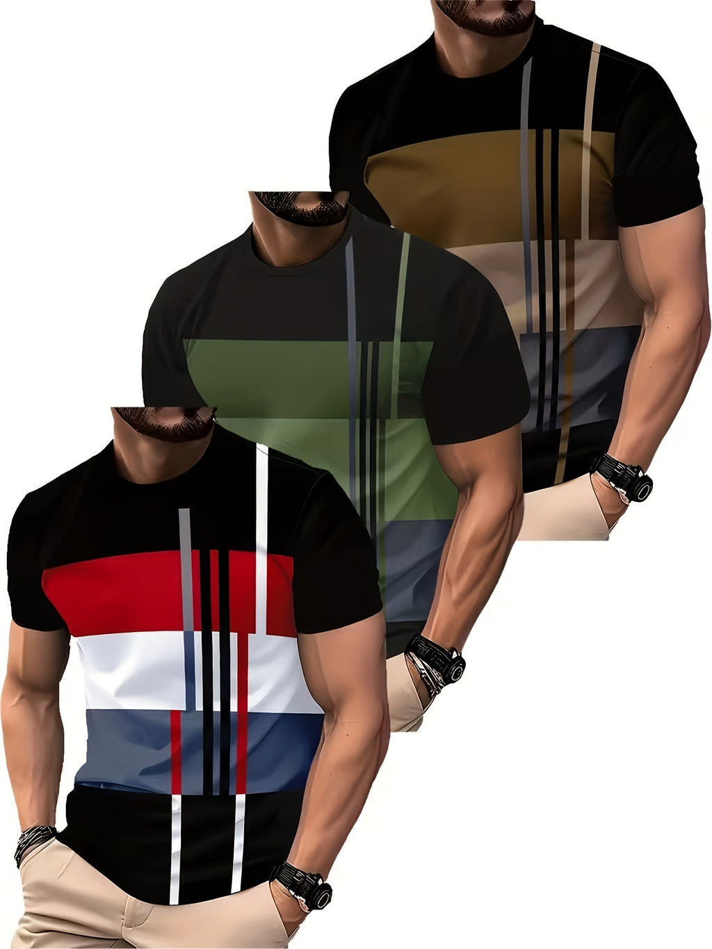 3-Pack Men's Moisture-Wicking Athletic T-Shirts, Color Block Crew Neck Short Sleeve Breathable Gym Workout Tees, Lightweight 130g/m2 Polyester, Regular Fit S-XXXL - Machine Washable Sports Shirts