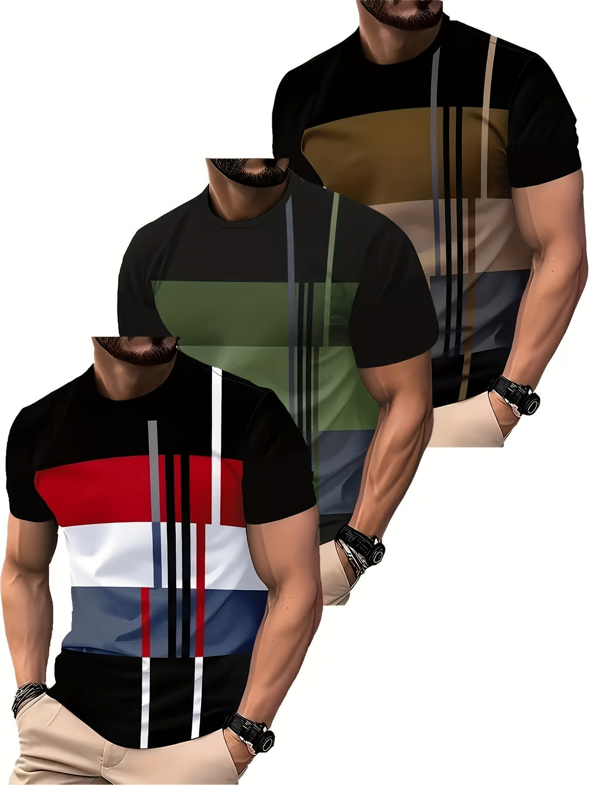 3-Pack Men's Moisture-Wicking Athletic T-Shirts, Color Block Crew Neck Short Sleeve Breathable Gym Workout Tees, Lightweight 130g/m2 Polyester, Regular Fit S-XXXL - Machine Washable Sports Shirts
